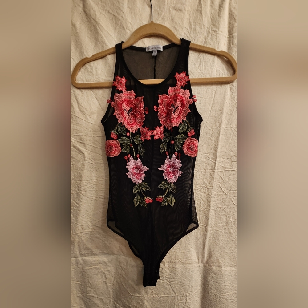 Sheer black tank style bodysuit w Floral applique Size XS
